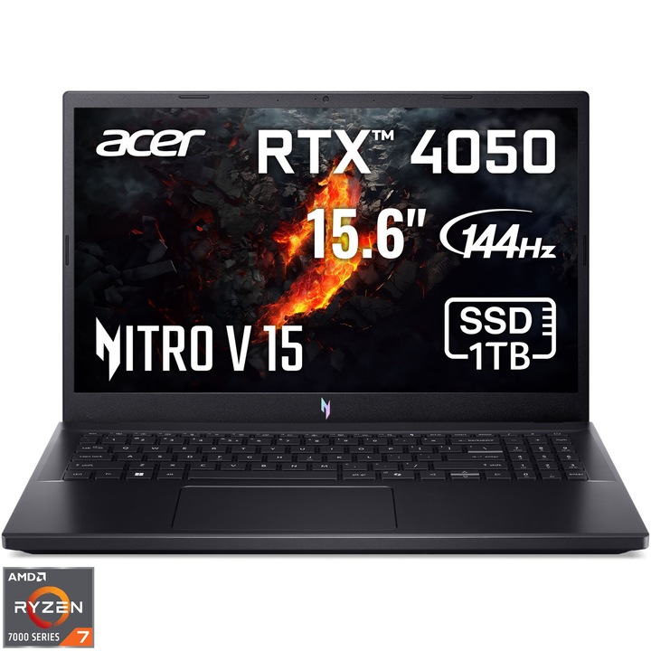 Laptop Gaming Acer Nitro V15 ANV15-41-R0GJ cu procesor AMD Ryzen™ 7 7735HS pana la 4.75GHz, 15.6", Full HD, IPS, 144Hz, 16GB DDR5, 1TB SSD, NVIDIA® GeForce RTX™ 4050 6GB GDDR6, No OS, Obsidian Black