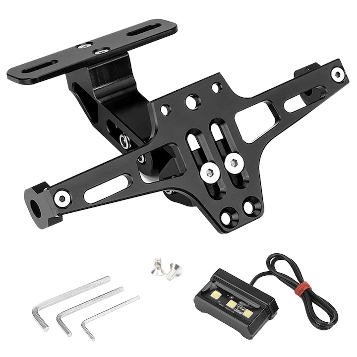 Suport reglabil pentru placuta de inmatriculare pentru motociclete cu lumina de inmatriculare, Qinglee, Negru