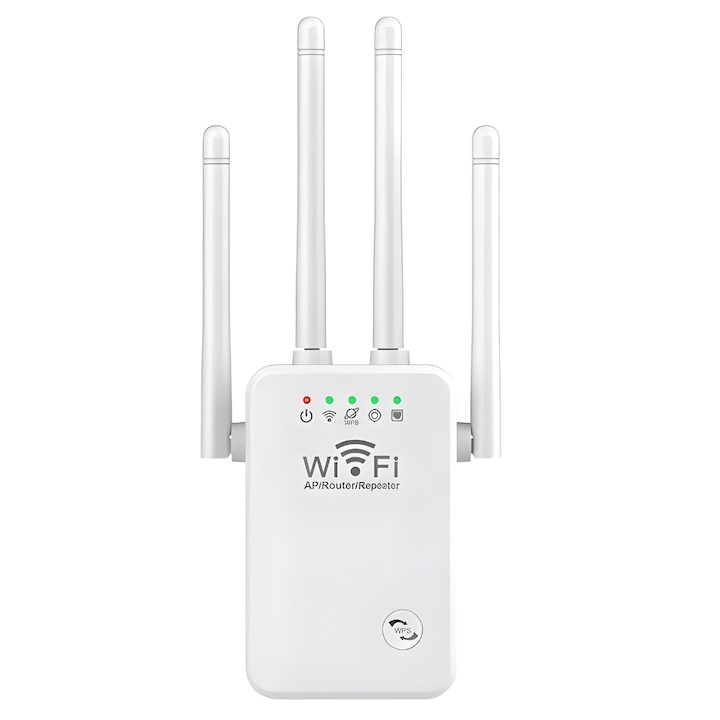 Vezeték nélküli jelerősítő, 2,4 Hz, 4 antenna MIMO technológiával, 300 Mbps átvitel, WEP, WPA és WPA2 csatlakozás, LAN nyílás, fehér