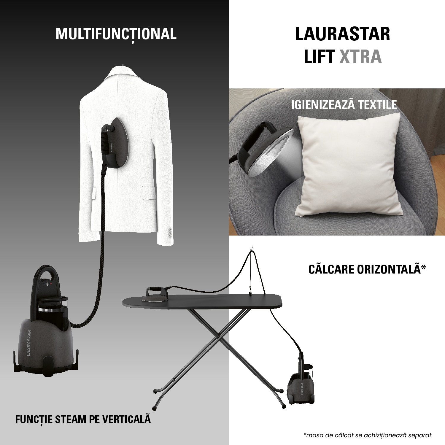 Statie de calcat Laurastar Lift Xtra Titan, 3.5 bar, 2200W, Igienizare textile, aburi pe verticala, rezervor 1.2 L