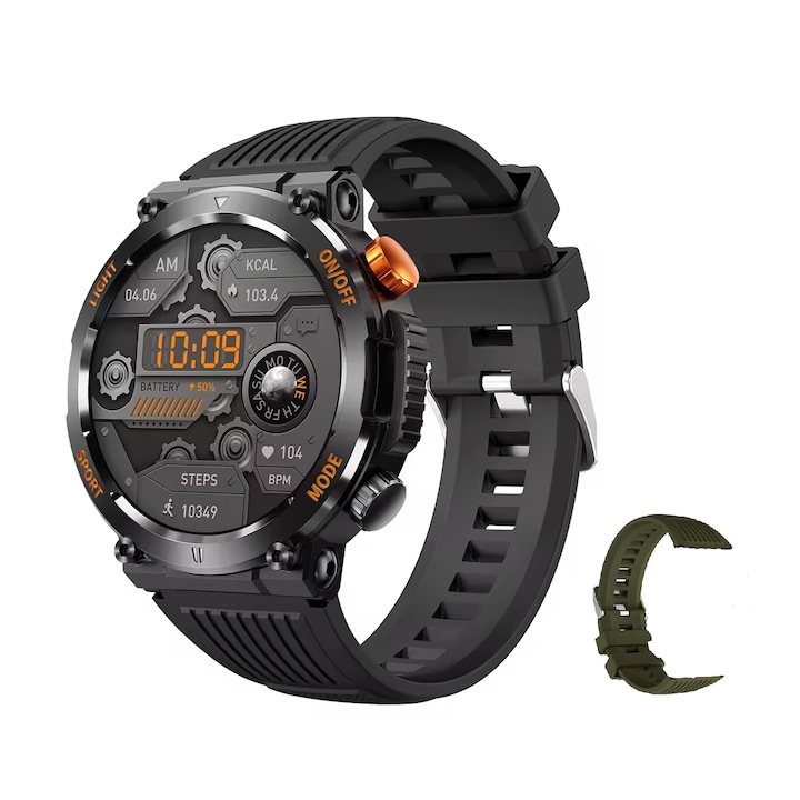 Military SmartWatch HT17'', Led Light 1,46", GPS-navigáció, Ultra Touch Dynamic Visual, Ütésgátló, Alvásfigyelés, Zenelejátszás, Kameravezérlés, Értesítések, EKG/HR/SpO2 monitor, Távirányító, WhatsApp, Facebook Messenger, ( +) Szilikon zöld öv