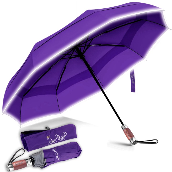 Umbrela de Ploaie Pliabila Royal Walk, Pentru Femei si Barbati, Deschidere si Inchidere Automata, Compacta, Rezistent la Vant, Maner de Lux Din Lemn Real, Baldachin Dublu Ventilat, Diametru de 103 cm, Violet