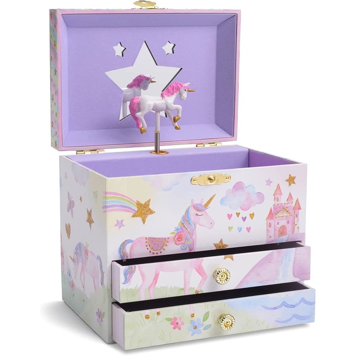Cutie muzicala de bijuterii pentru copii Jewelkeeper, model Unicorn, organizator cu oglinda si 2 sertare, Mov