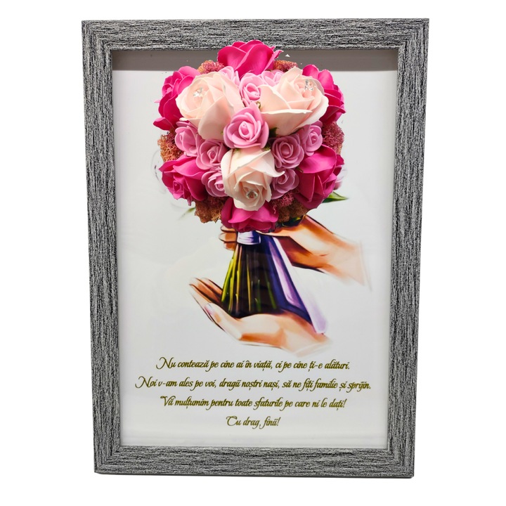 Tablou in rama A4 (30x21 cm) - Nu conteaza pe cine ai in viata, ci pe cine ti-e alaturi - v12 decorat cu flori de sapun roz - roz pal