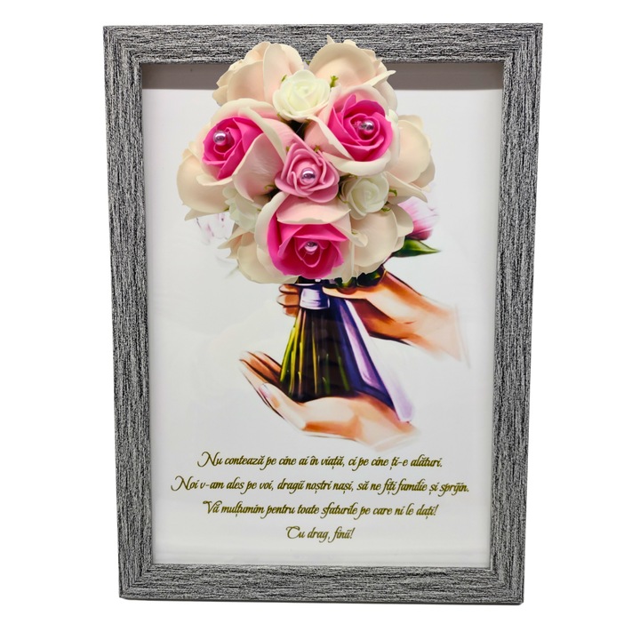 Tablou in rama A4 (30x21 cm) - Nu conteaza pe cine ai in viata, ci pe cine ti-e alaturi - v12 decorat cu flori de sapun roz deschis