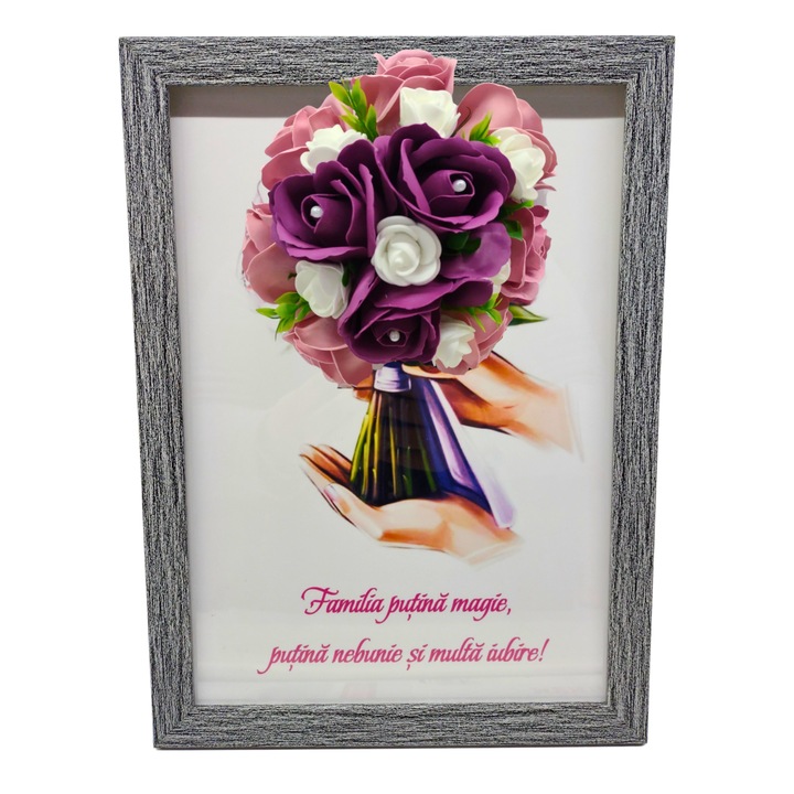 Tablou in rama A4 (30x21 cm) - Familia putina magie, putina nebunie si multa iubire - v12 decorat cu flori de sapun visiniu - roz