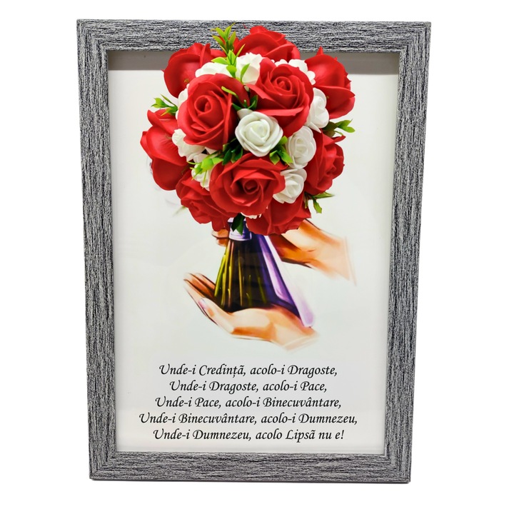Tablou in rama A4 (30x21 cm) - Binecuvantarea Casei - v12 decorat cu flori de sapun rosu - alb