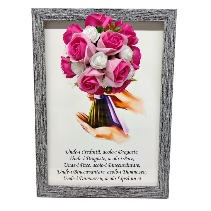 Tablou in rama A4 (30x21 cm) - Binecuvantarea Casei - v12 decorat cu flori de sapun roz - roz inchis