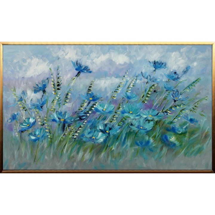 Tablou pictat manual ulei pe panza, tehnica texturata in cutit, Albastru, Verde, Bleu, 110x80cm, Peisaj cu Flori de camp, Albastrele, Abstract modern