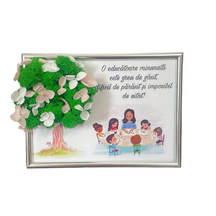 Tablou decorat cu licheni naturali stabilizati, cu mesaj pentru doamna educatoare, dimensiune 13x18, rama gri
