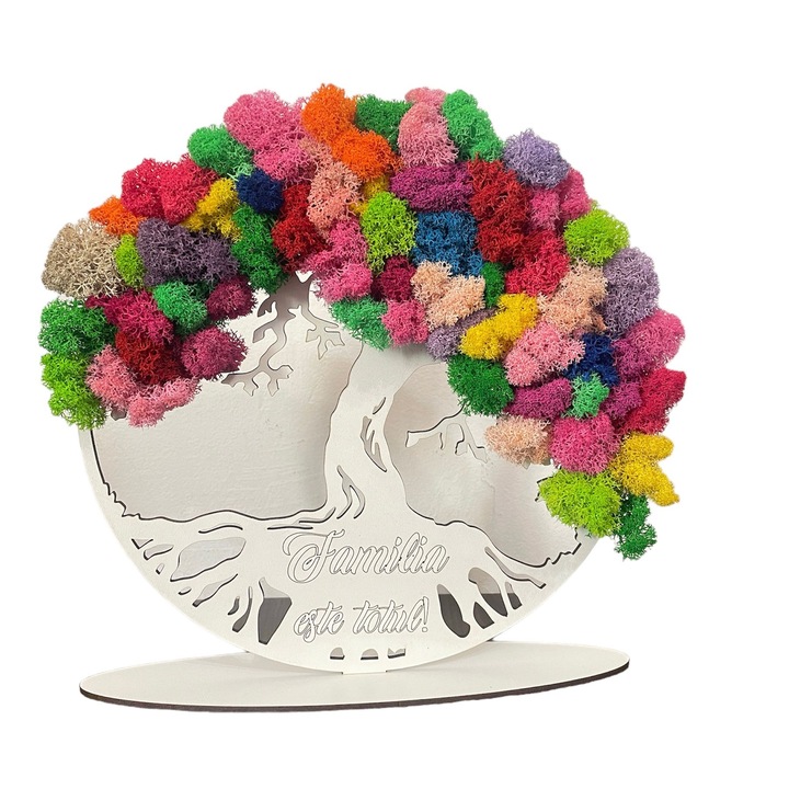 Tablou copacul vietii decorat cu licheni naturali stabilizati, gravat cu mesajul,, Familia este totul'', multicolor, dimensiune 25 cm, rama alba