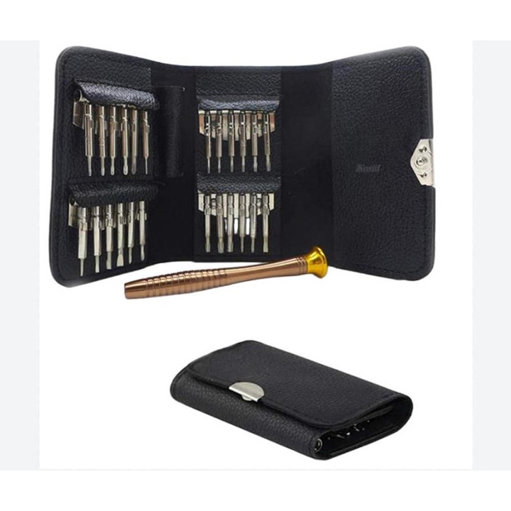 Set mini surubelnite portabile magnetice 25 in 1, Kosiil®, Phillips Flat, Torx Five, Star Y, Triunghiular, varf, precizie, Husa din piele, Negru/Argintiu