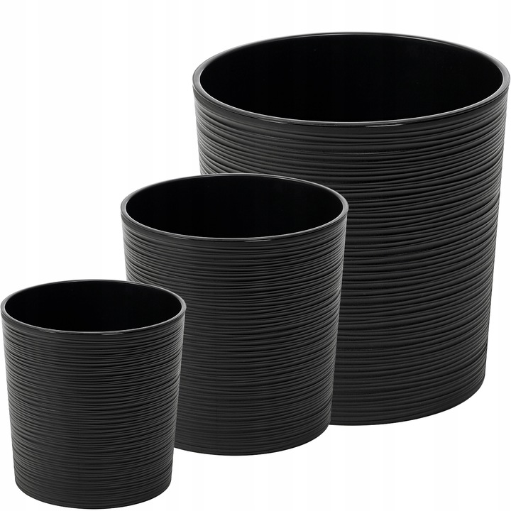 Set de Ghiveci 3x rotund Lamela Malwa 19x19.5cm, 25x25.5cm, 30x30.5cm, Negru