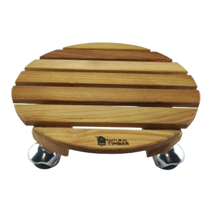 Suport ghiveci pentru flori rotund 30 cm., lemn masiv, impregnat cu ulei, roti mobile rotunde metal, exterior-interior, Natural Timber