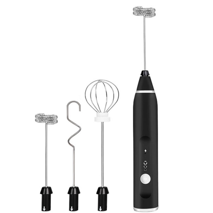 Mixer spuma lapte, cu 3 Inlocuiri de cap agitator, 3 trepte de viteza, incarcare USB, 1200mAh, YWX, pentru a face spuma de lapte, frappe, cappucino sau mixat oua, Negru