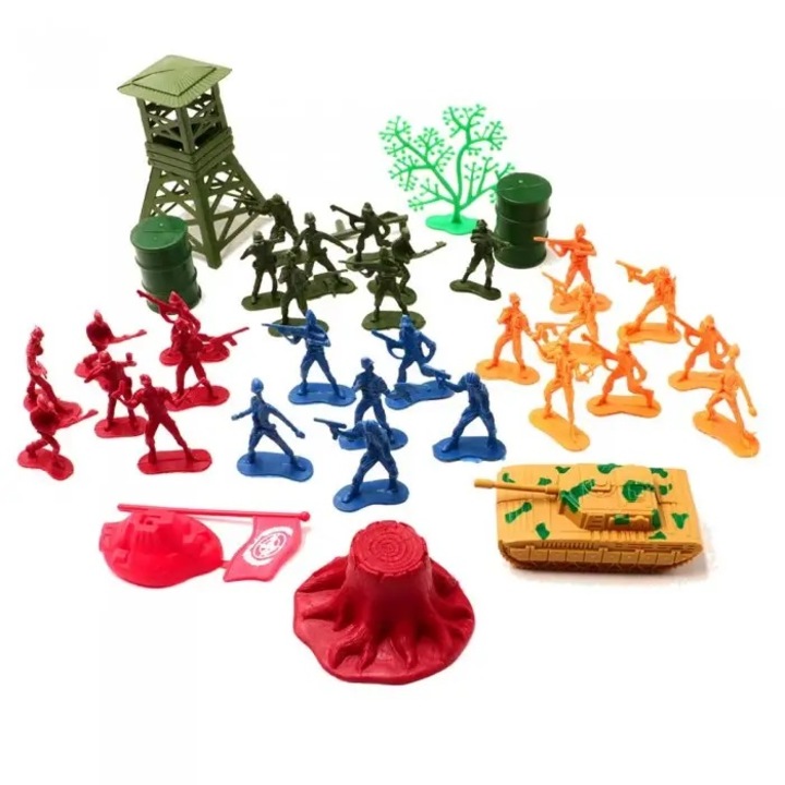 Set cu 37 de Figurine Soldati si Baza, 3 ani+, Plastic, Multicolor, Dalimag