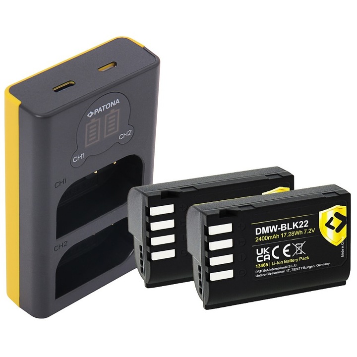 Pachet Incarcator Patona Dual LCD USB, 2 x Acumulatori Patona Protect pentru Panasonic DMW-BLK22 si Microfibra Smardy