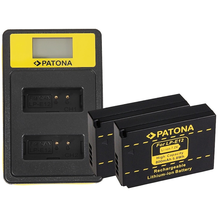 Patona Smart Dual LCD USB töltőcsomag, 2x Patona akkumulátor Canon LP-E12-hez és Smardy mikroszálas