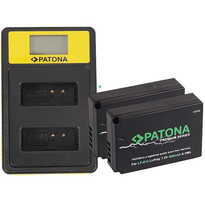 Patona Smart Dual LCD USB töltőcsomag, 2x Patona Premium akkumulátor Canon LP-E12-hez és Smardy mikroszálas