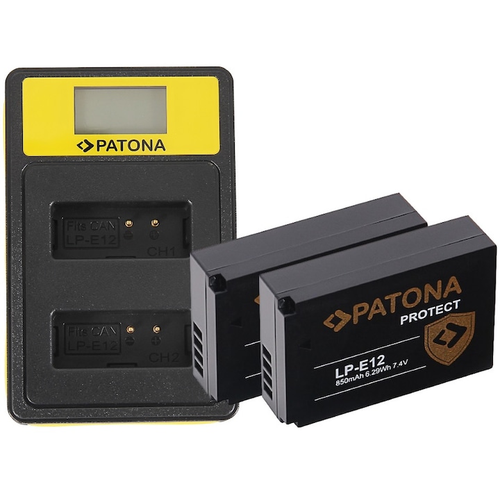 Patona Smart Dual LCD USB töltőcsomag, 2x Patona Protect akkumulátor Canon LP-E12-hez és Smardy mikroszálas