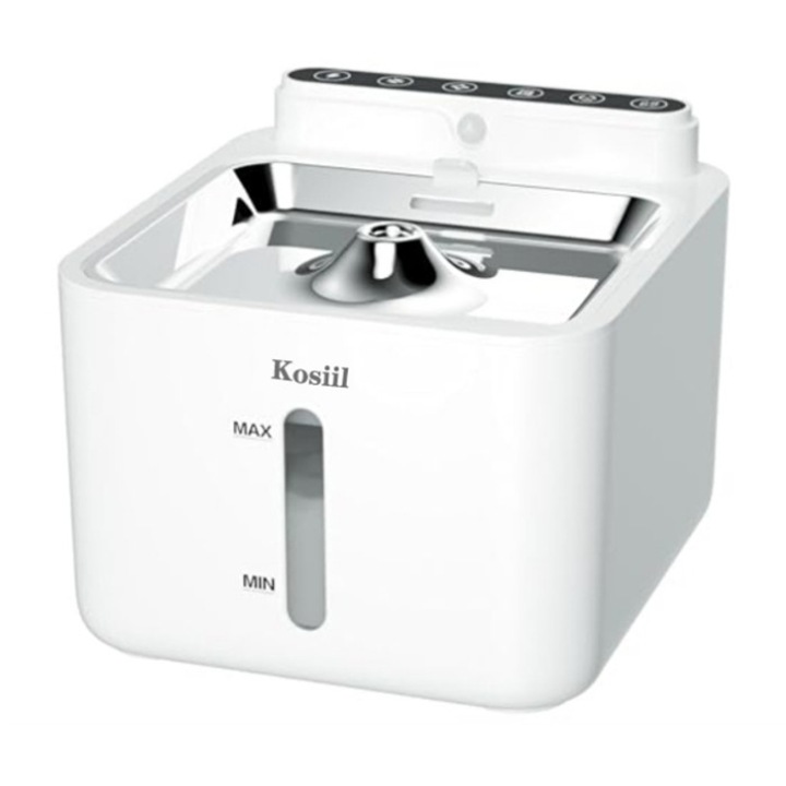 Dispenser apa automat, Kosiil®, Tip fantana pentru pisici si caini, Inox/Polipropilena, Cu senzor de miscare, Adaptor priza USB, Iluminare LED, Cu purificare si filtrare prin carbune activ, Silentios, 2600mAh, 3.2L, Alb