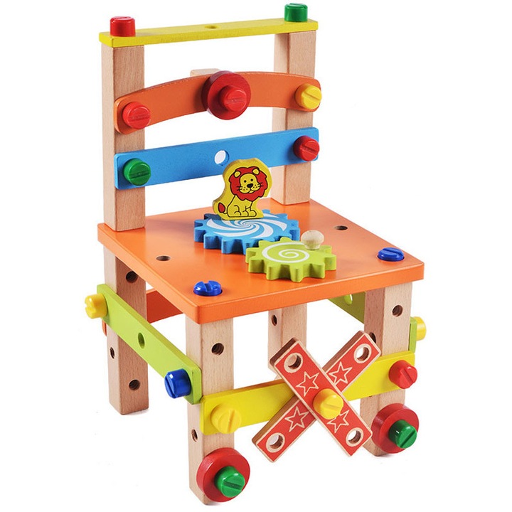 Gyermek munkapad szerszámokkal és tartozékokkal, fa műhely, szék, 49 db, több színű