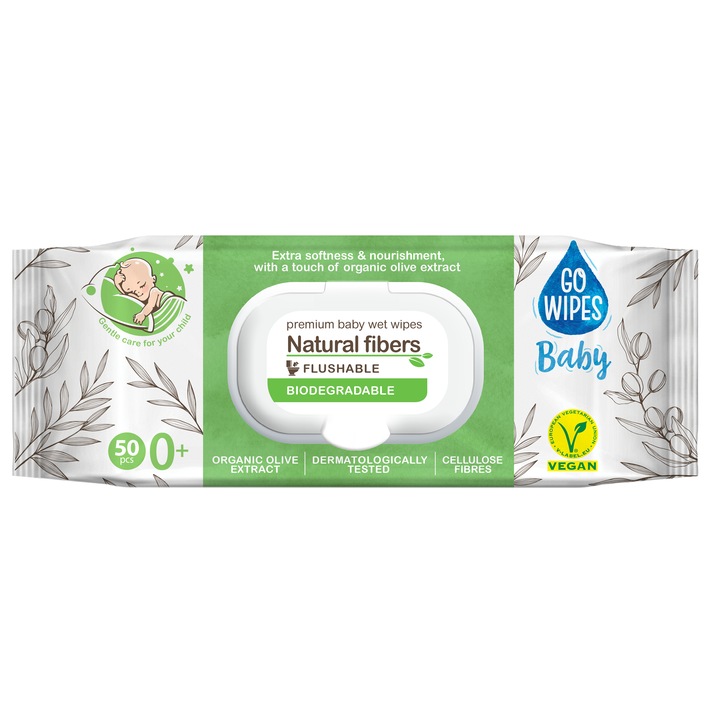 Бебешки мокри кърпички, Ultra-мека целулоза, Olive, капачка, 50 бр, GoWipes