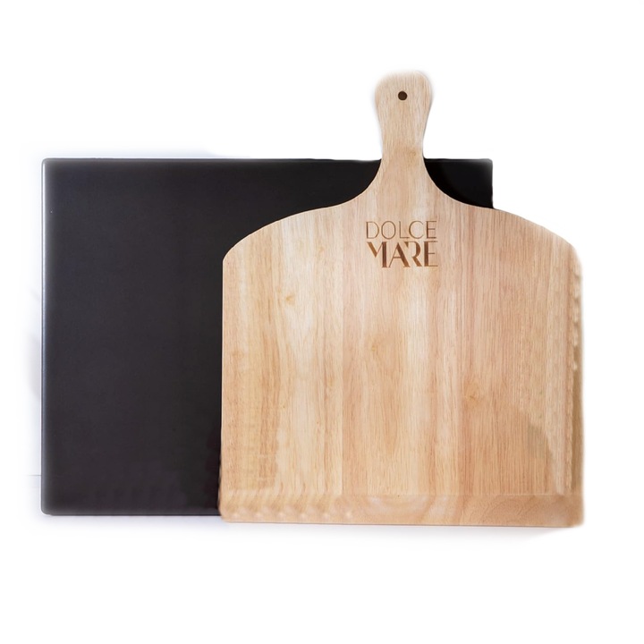 Pizza készlet, fa lapát 29,5 x 28 cm, sütőkő 38 x 30 cm fekete, DOLCE MARE