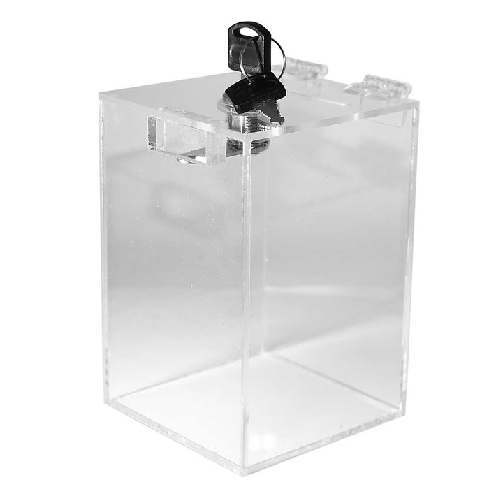 Urna cutie donatii din plexiglas cu yala, UC101015, Transparenta, 10x10x15 cm