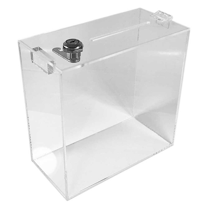 Urna cutie donatii din plexiglas cu yala, UC102020, Transparenta, 10x20x20 cm