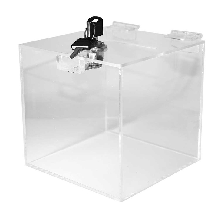 Urna cutie donatii din plexiglas cu yala, UC151515, Transparenta, 15x15x15 cm