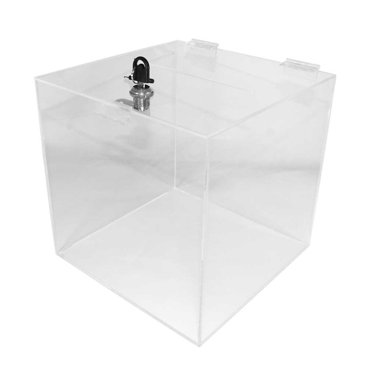 Urna cutie donatii din plexiglas cu yala, UC202020, Transparenta, 20x20x20 cm