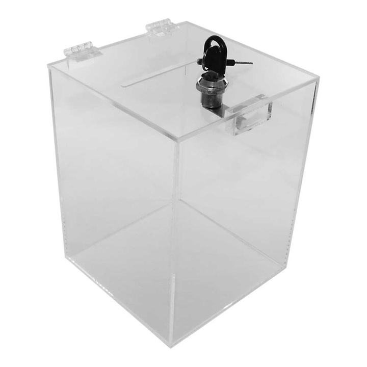 Urna cutie donatii din plexiglas cu yala, UC151520, Transparenta, 15x15x20 cm