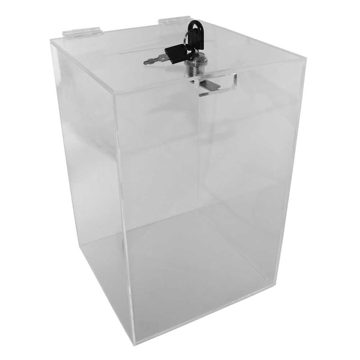 Urna cutie donatii din plexiglas cu yala, UC202030, Transparenta, 20x20x30 cm