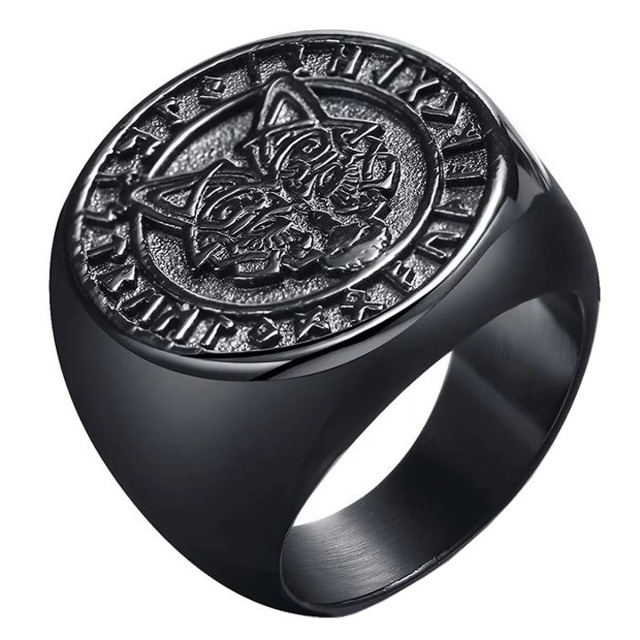 Inel Nordic Wolf, Rune vikinge, pentru Barbati, Cap de lup, tip Signet, Metal negru