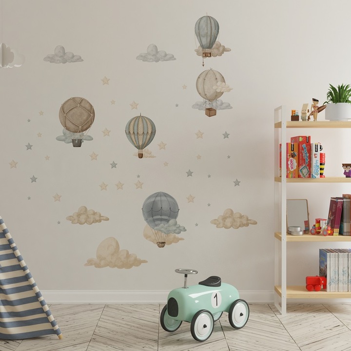 Set stickere decorative, Igibee, 5 baloane, nuante de bej si albastru, pentru camera copii