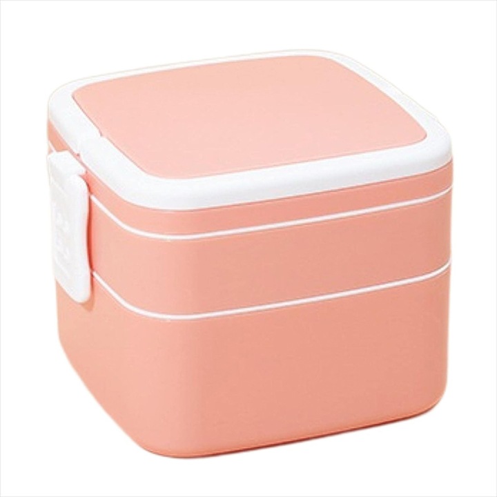 Cutie alimentara cu capac sistem clip, 3 compartimente, patrat, roz