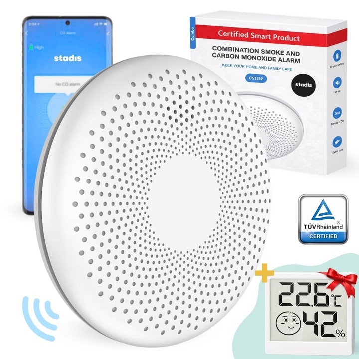 Detector 2 in 1 Fum si Monoxid de Carbon Smart STADIS™, Wireless, Controlat prin Internet/Telefon, Compatibil cu Tuya / SmartLife, Baterie incorporata cu 10 ani utilizare, Alarma, LED, Design Ultra-Subtire, Material ignifug, HigroTermometru inclus, Alb