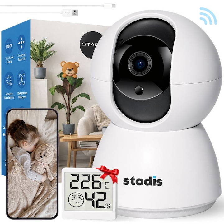 Baby Monitor STADIS™ Smart Pro-W3, Wireless, FullHD 1080p, Rotire 360°, Monitorizare Video / Audio Bebelusi, Vedere Nocturna Infrarosu, Senzor si Alarma Miscare, Auto Tracking, Sunet Bidirectional, Adaptor, Cablu USB, HigroTermometru inclus, Alb