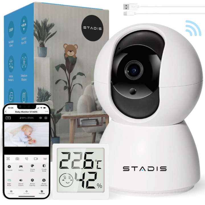 Baby Monitor STADIS™ Smart Pro-W3, Wireless, FullHD 1080p, Rotire 360°, Monitorizare Video / Audio Bebelusi, Vedere Nocturna Infrarosu, Senzor si Alarma Miscare, Auto Tracking, Sunet Bidirectional, Adaptor, Cablu USB, HigroTermometru inclus, Alb