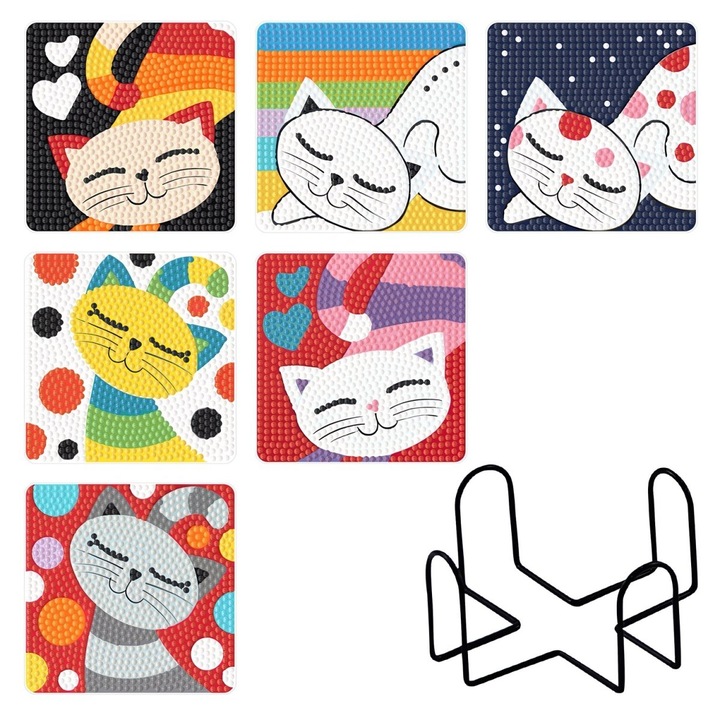 6 db poháralátét készlet, Moments, Cat World, akril, 9.5cm