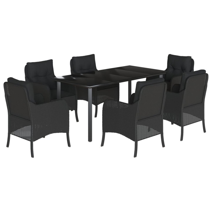 Set mobilier de gradina cu perne, vidaXL, 7 piese, negru, poliratan, 35.1 kg 3211931