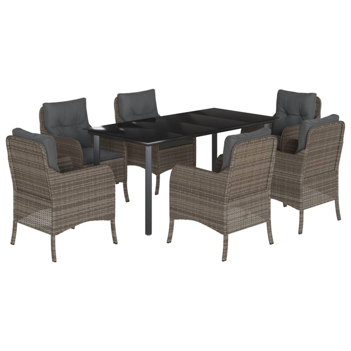 Set mobilier de gradina cu perne vidaXL, 7 piese, gri, poliratan, 35.1 kg
