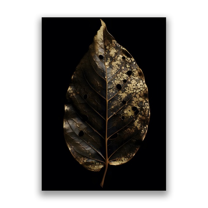 Картина на платно, LuxCanva® A1530, Черни листа, 50 X 70 CM, 100% памучно платно 400g/m2, Дървена рамка, Всекидневна, Декоративна, Листа, Природа, Злато, Живи цветове
