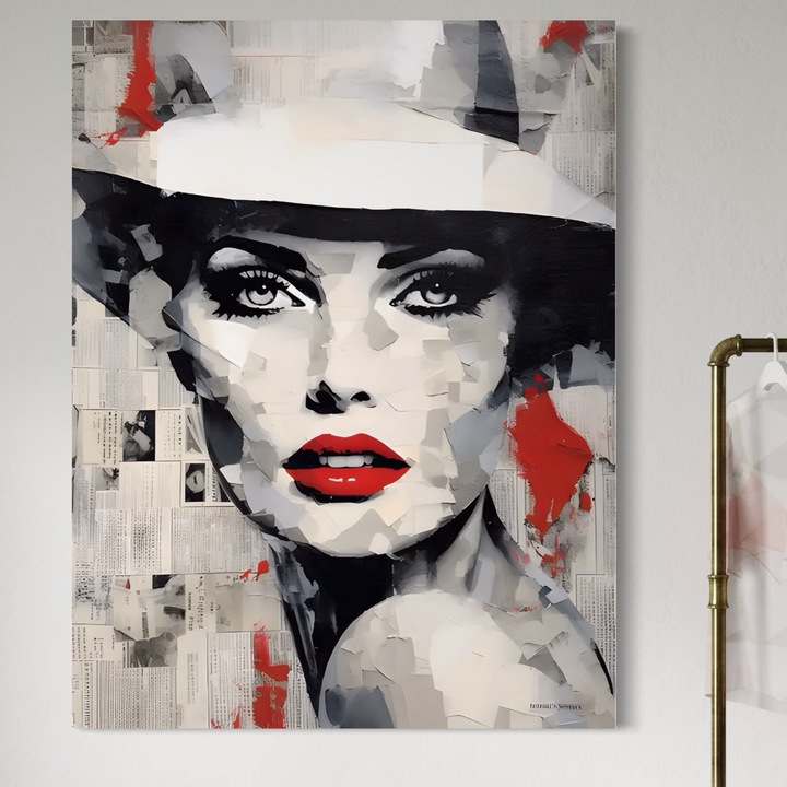 Премиум картина върху платно, LuxCanva® A1532, Мадам, 100 X 135 см, 100% памучно платно 400 г/м2, дървена рамка, стая, червени устни, шапка, красота, хол, ярки цветове