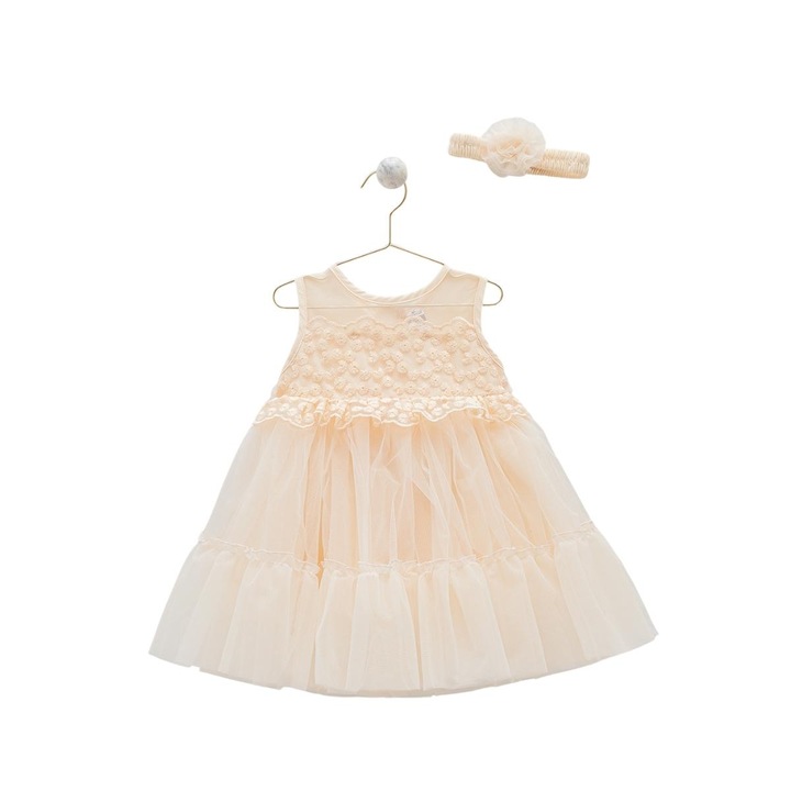 Rochita Eleganta cu Tulle, Caramell, pentru Fetite, Bentita Asortata, ELB7901, Crem