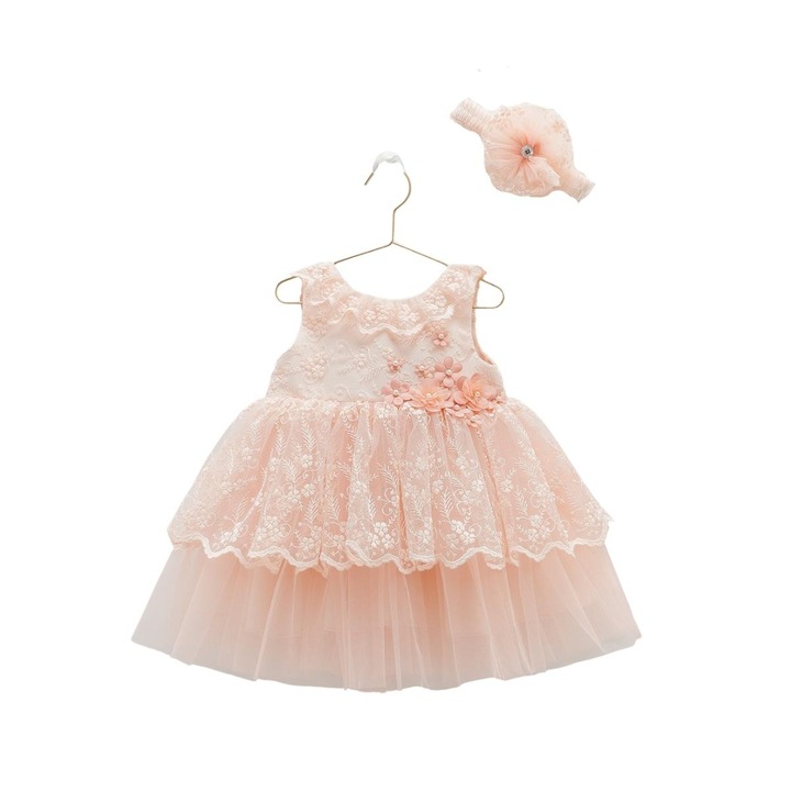 Rochita Eleganta Fetite, Caramell, cu Tulle, Bentita Asortata, ELB8238, Roz deschis