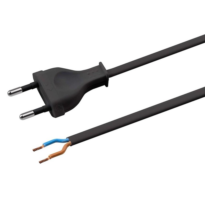Захранващ кабел с щепсел, Плосък, 2 жила, Черен, 3m, 220VAC, 6A