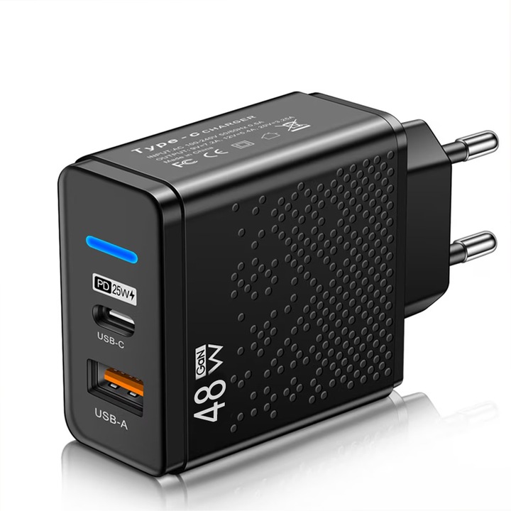 Hálózati töltő 48W gyorstöltő, TienTen, GaN technológia, két portos USB + C típusú, PD, hordozható, fekete