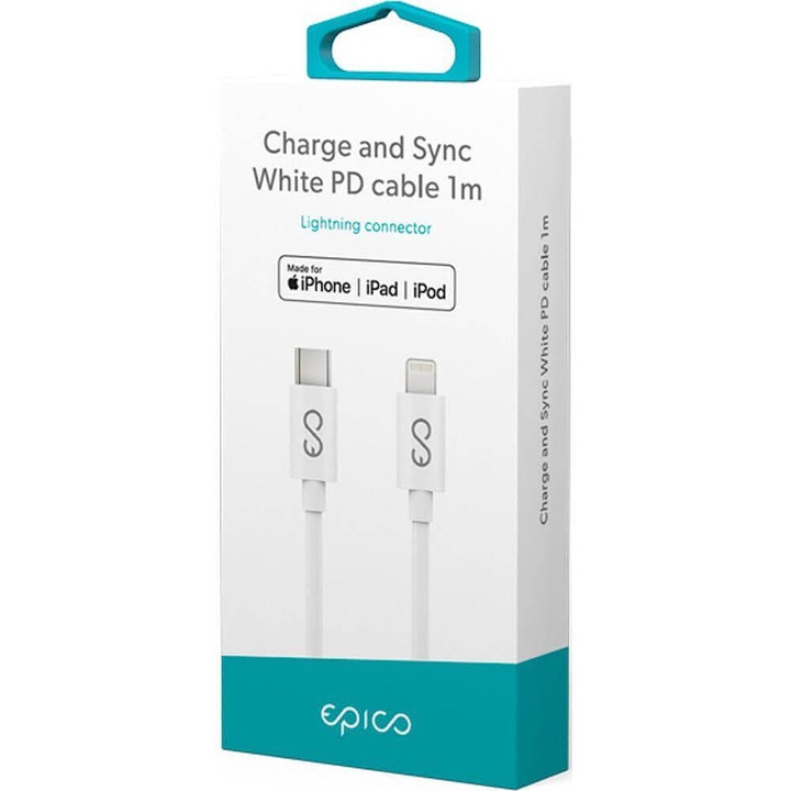Cablu de date, Epico, USB-C, Lightning, 1 m, Alb